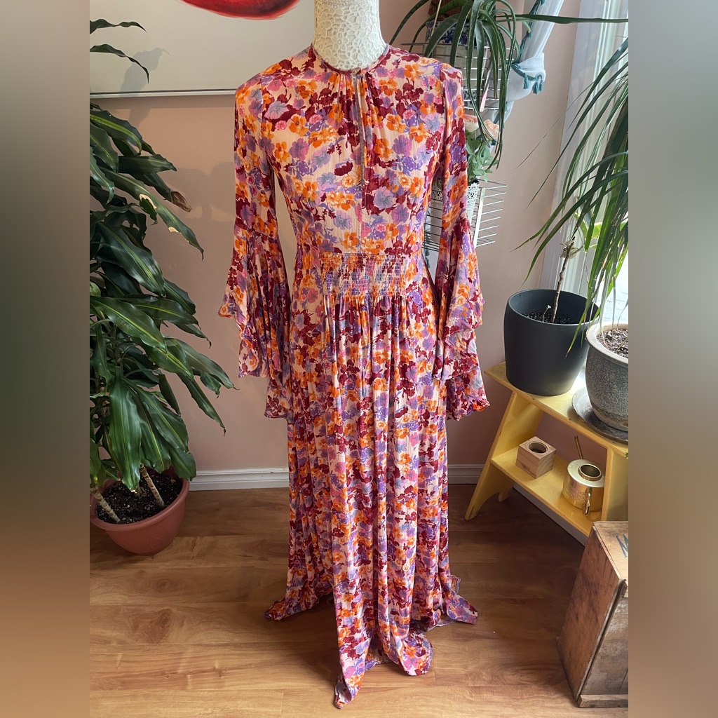 Gorgeous Boho Pink Floral Print Gown With Bishop Sleeves By Timo, Small